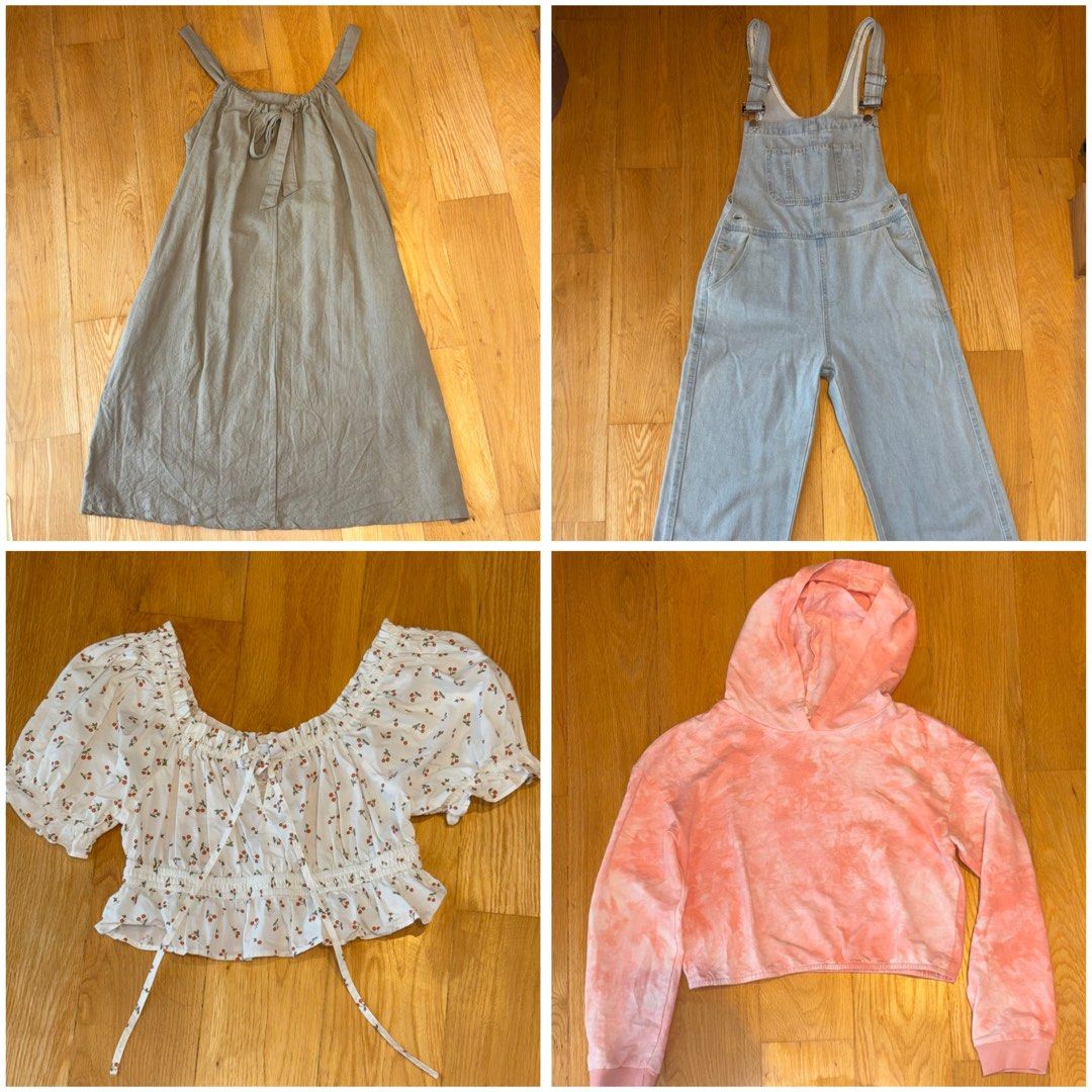 Assorted Clothes! (Category: Blouses) located in Singapore. Submitted by shopaholic15 (Listing ID 1343286331, Image 1). Description: each $8. Never worn or only worn once. can nego a bit but please be reasonable 🙏 1st: Light Brown Linen Dress (from Bangkok). Never worn. size S 2nd: TaoBao - Denim Overalls. Never worn. size XS 3rd: SHEIN - Peach TieDye Cropped Hoodie. Worn once. 11-12Y 4th: $10 Cotton On - Cherry Puff-Sleeved Cropped Blouse. Worn