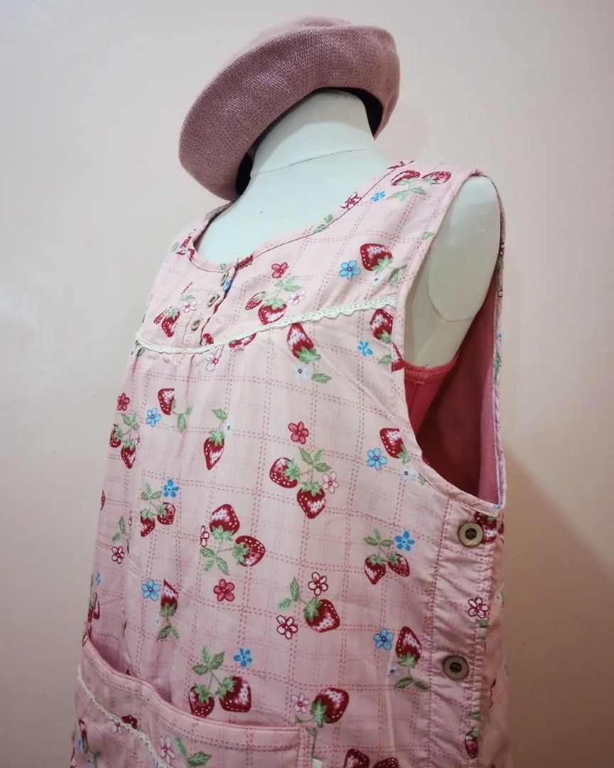 Cutest Pink Strawberry Apron/Topper (Category: Coats, Jackets and Outerwear) located in Balanga. Submitted by marae_c (Listing ID 1343383649, Image 2). Description: Brand: --- japan sourced In very good condition. Like new, no flaws. Needs iron lang nasiksik ng aking other aprons. Very cute in actual 😍🥺 warm sa loob pa fleece then outer is soft and waterproof like material. Has functional side buttons and front pockets. Medyo thick ito not your