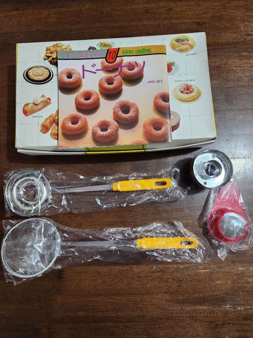 MON CHERE Donut Making Set - 5 pcs (Category: Bakeware) located in Quezon City. Submitted by senyoramaria (Listing ID 1343281777, Image 2). Description: MON CHERE Donut Making Set 5 pcs Inclusions: Strainer Laddle Donut Laddle Donut Cutter Flour Sifter Recipe Book Unused. Box has stains due to storage. #JapanSurplus.