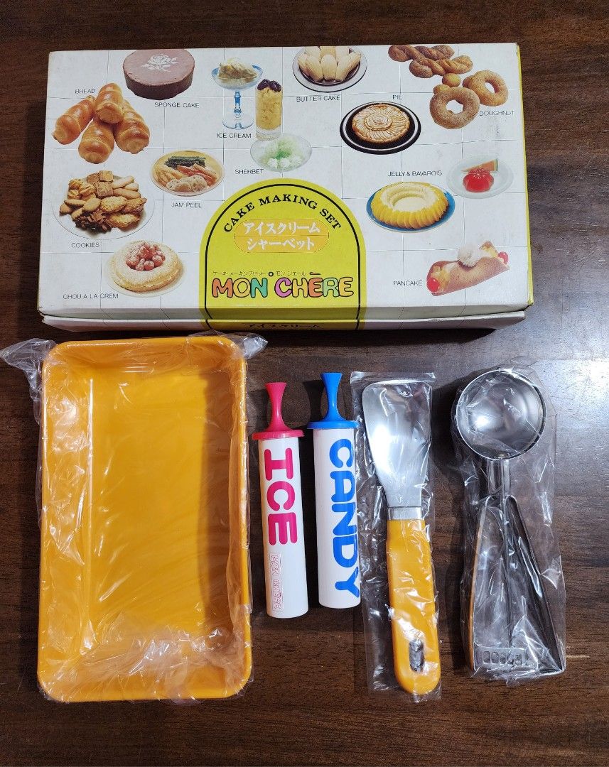 MON CHERE Ice Cream Making Set - 6 pcs (Category: Bakeware) located in Quezon City. Submitted by senyoramaria (Listing ID 1343277490, Image 2). Description: MON CHERE Ice Cream Making Set 6 pcs Inclusions: Plastic Tray ( 8.7 x 5 inches) Spatula Scooper 2 pcs Popsicle Molder Recipe Book Unused. Box has stains due to storage. #JapanSurplus.