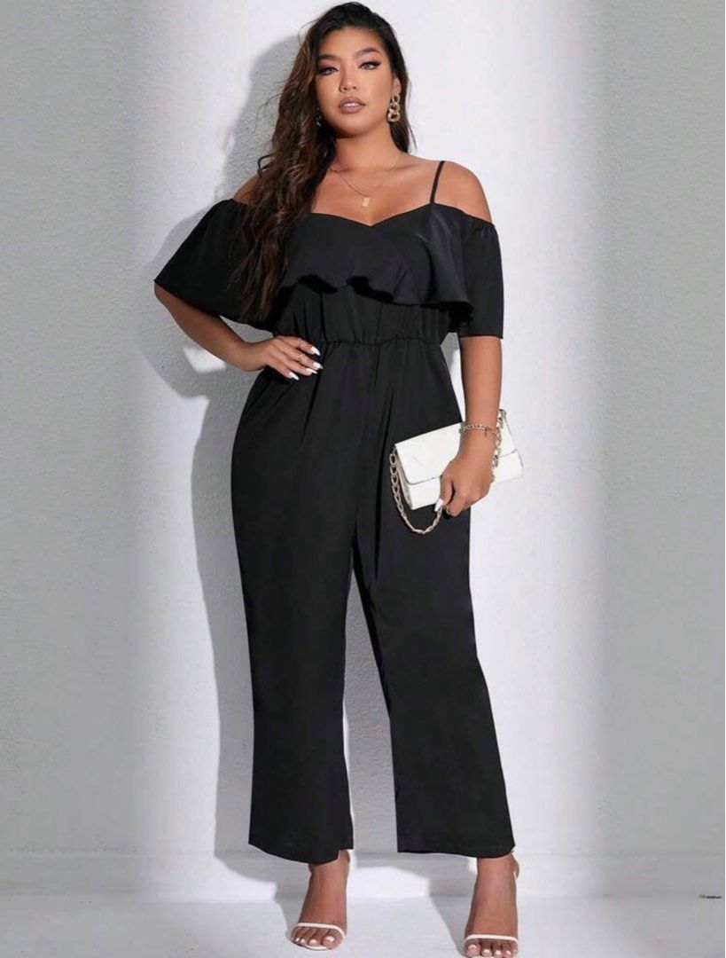 SHEIN Privé Plus Size Solid Color Ruffled Hem Jumpsuit With Drawstring Waist (Category: Jumpsuits) located in Butuan. Submitted by ajynaur (Listing ID 1343334555, Image 1). Description: NEVER USED Black Size: 0XL Product Measurement: Length: 54.1” Bust: 42.5” Waist Size: 31.5 to 47.2” Hip Size: 48.8” Thigh: 30”.