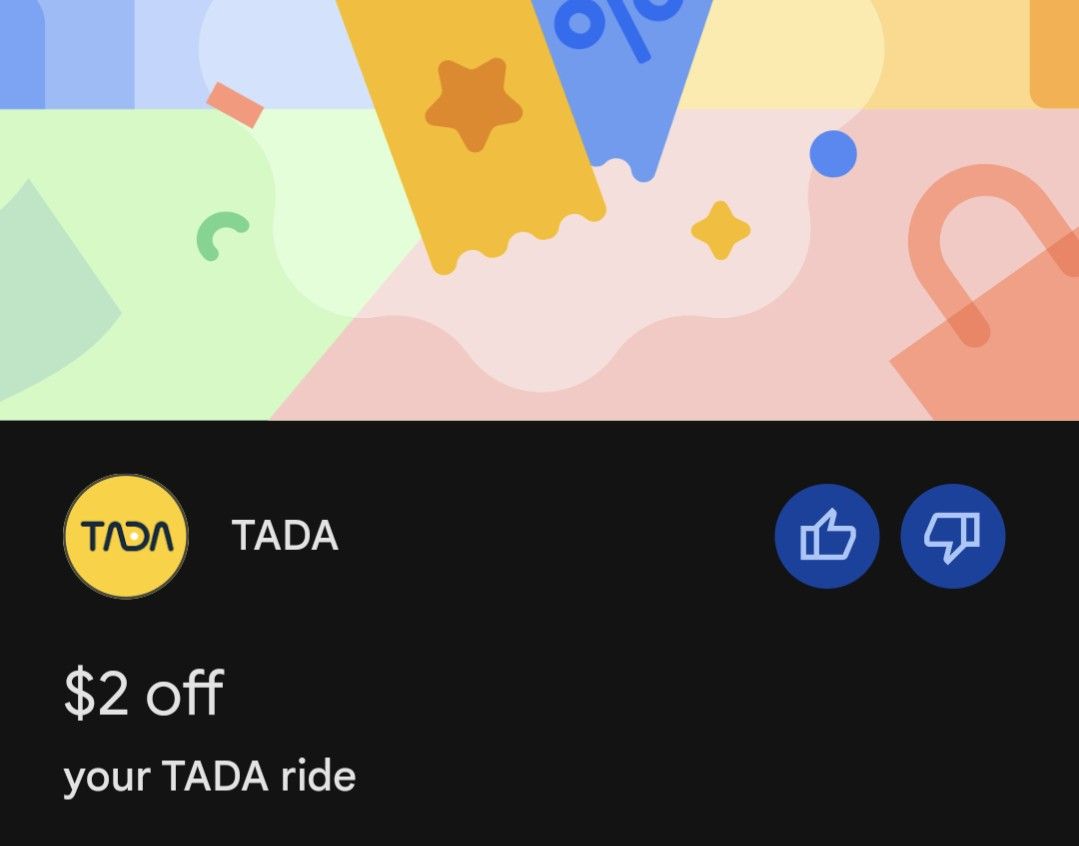 Tada code 2 dollars (Category: Everything Else) located in Singapore. Submitted by hugediscount (Listing ID 1343243073, Image 1). Description: Selling TADA tada code at $0.8 $2 off No meetup will pm you the code.