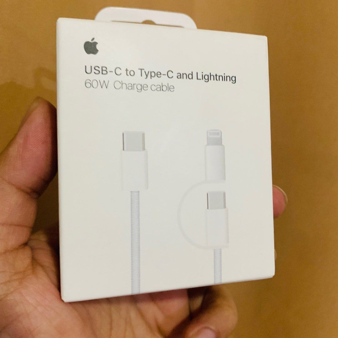Apple🍏 USB-C to Type-C and Lightning 60W Charge cable (WOVEN) (Category: Chargers & Cables) located in Manila. Submitted by walsgadsaccesorries (Listing ID 1343388637, Image 1). Description: Apple USB-C to Type-C and Lightning 2-in-1 Type-C & Lightning Cable with 60W WOVEN Fast Charging, PD Technology,Apple WOVEN Cable Compatible with All Type-C & iPhone, iPad, Macbook & Airpods & Apple Watches..