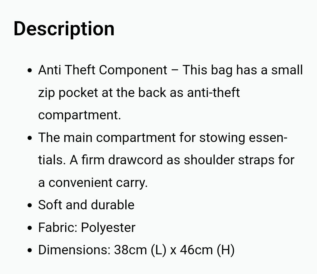 Draw-string bag (Category: Other Sports Equipment and Supplies) located in Singapore. Submitted by snake65 (Listing ID 1343511409, Image 1). Description: Product details - refer photo 1.