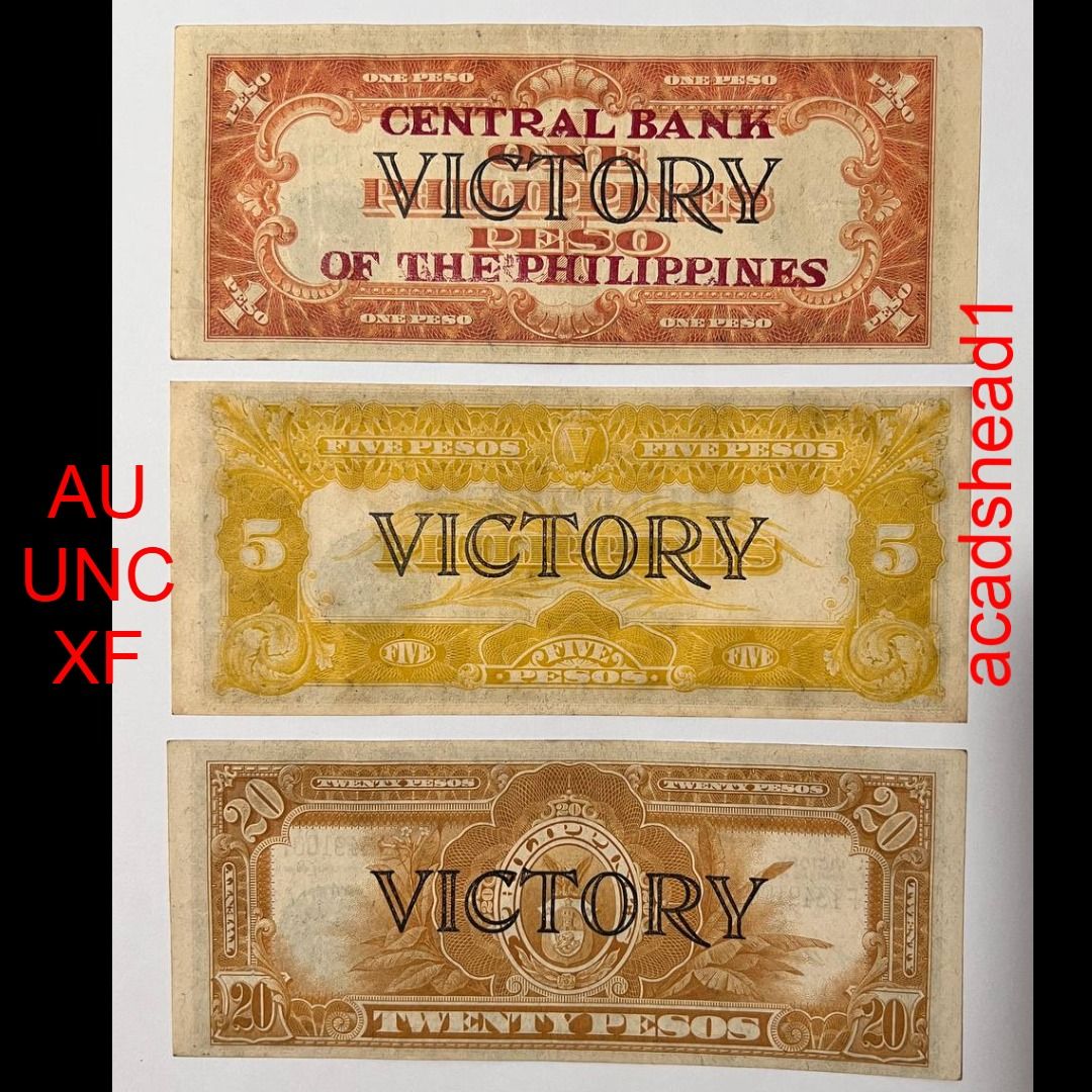 [LOT OF 3] 1 5 20 peso Victory Notes 1944 High Grade Philippines ...
