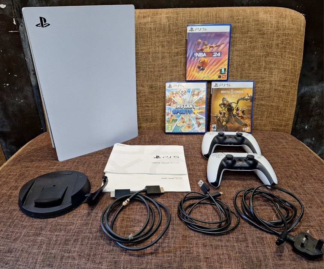 PS5 disc edition family bundle (Category: PlayStation) located in Manila. Submitted by pjthebartender (Listing ID 1343495500, Image 1). Description: PS5 OG disc edition latest Cfi model 12xx Complte n orig Cables Stand 2 controller 3 PS5 games 25k only🙏🙏🙏 Swap to PS4 Slim-PRO/Nintendo Switch Grab-Lalamove Tondo-Q.C-Makati LRT 1-LRT 2.
