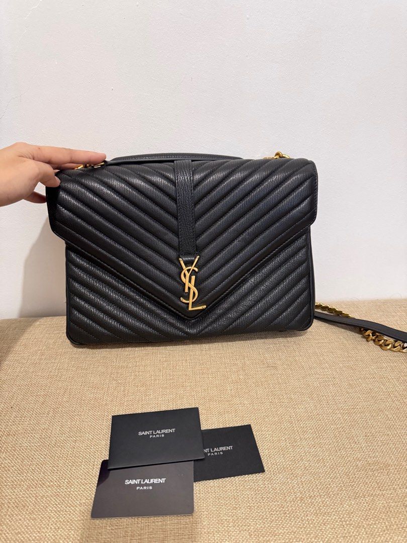 YSL College Large Bag Japan Sourced (Category: Luxury Bags & Wallets) located in Taguig. Submitted by est1996 (Listing ID 1343611806, Image 1). Description: With very minor signs of usage, actual photos posted From Japan, please self authenticate Saint Laurent “College” chevron-quilted metal-free tanned leather shoulder bag can be worn with jeans or a dress; the possibilities are endless! Features interlocking YSL signature buckle. Removable flat