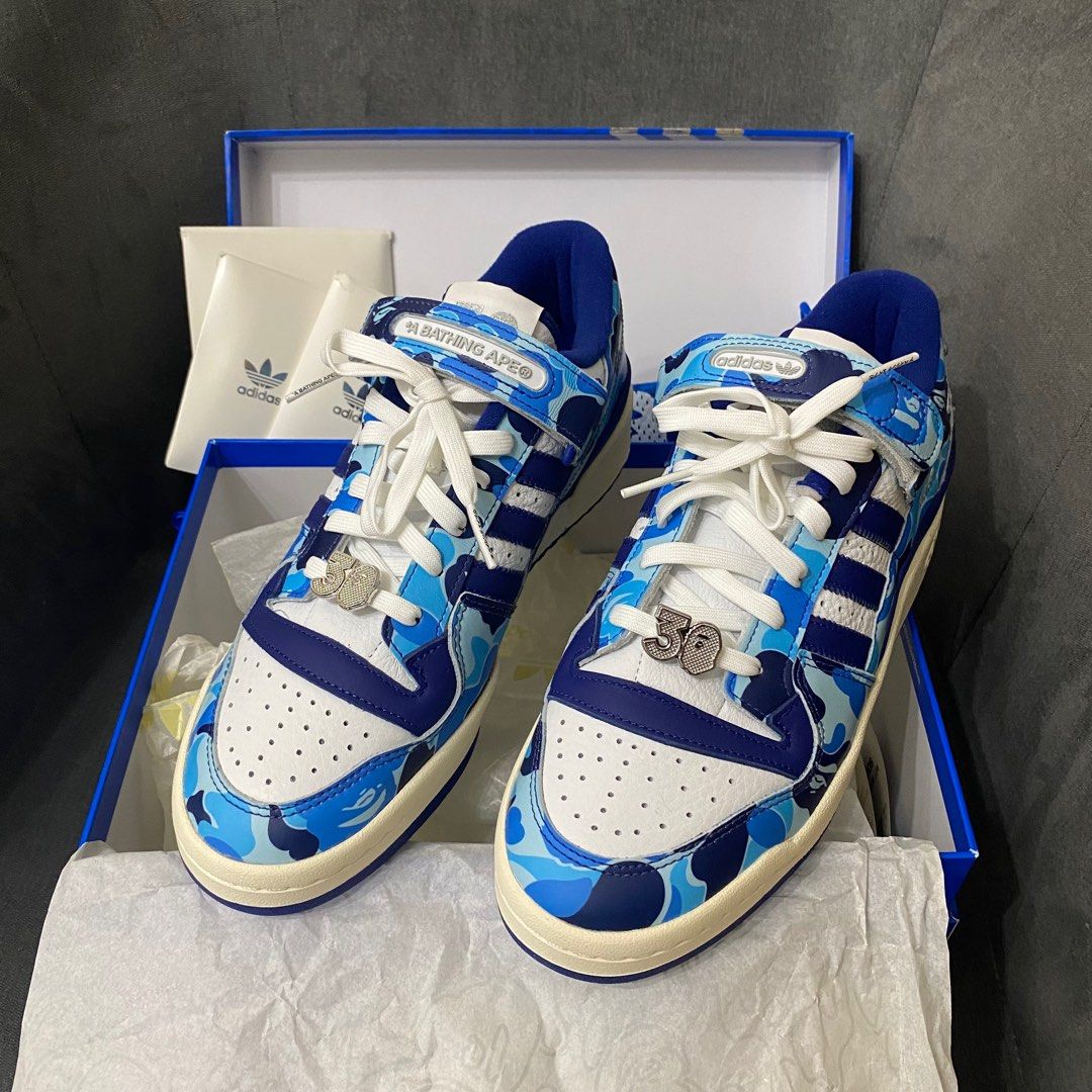 Bape Adidas Forum 48 low blue (Category: Sneakers) located in Magalang. Submitted by framedfantasyph (Listing ID 1343741944, Image 2). Description: Bape x Adidas Forum 48 low ( blue ) sz US10 VNDS complete with bag and 3 extra laces.
