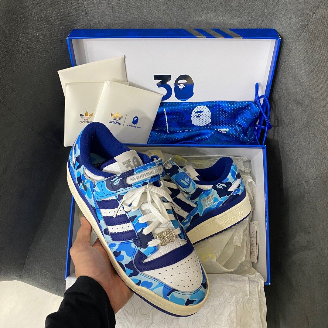 Bape Adidas Forum 48 low blue (Category: Sneakers) located in Magalang. Submitted by framedfantasyph (Listing ID 1343741944, Image 1). Description: Bape x Adidas Forum 48 low ( blue ) sz US10 VNDS complete with bag and 3 extra laces.