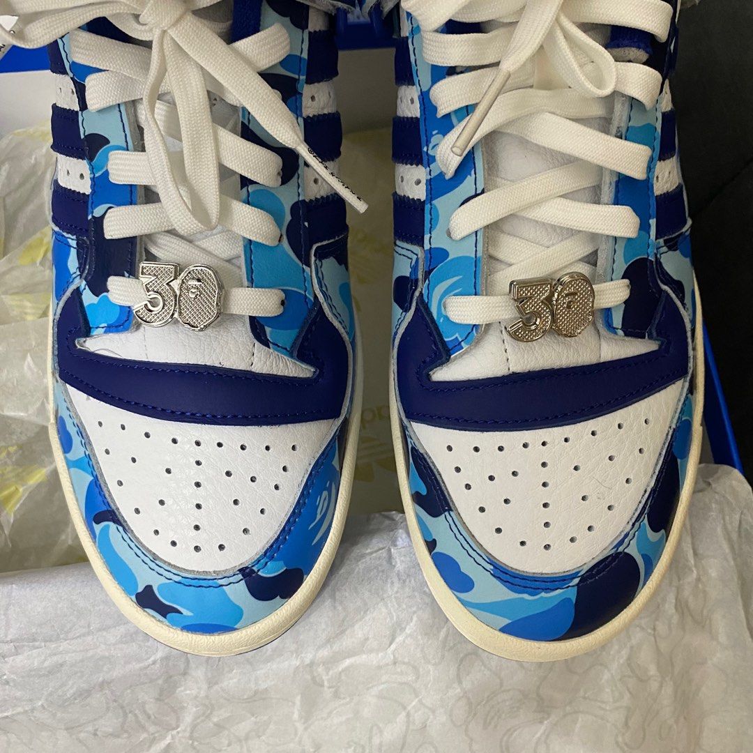 Bape Adidas Forum 48 low blue (Category: Sneakers) located in Magalang. Submitted by framedfantasyph (Listing ID 1343741944, Image 3). Description: Bape x Adidas Forum 48 low ( blue ) sz US10 VNDS complete with bag and 3 extra laces.