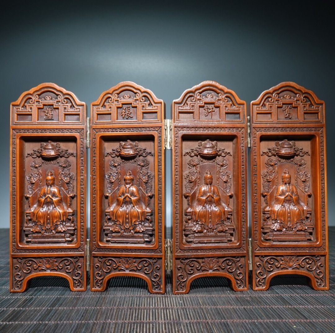 Chinese traditional wood carving handicraft boxwood four-part  screen中国传统木雕工艺品黄杨木四开屏风