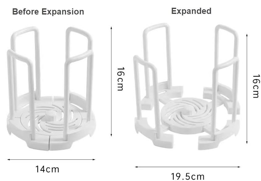 Expandable Drying Bowl Rack Plate holder Kitchen Organizer (Category: Food Organization & Storage) located in Manila. Submitted by classy.home (Listing ID 1343771812, Image 3). Description: Available Color: White Material: PP Plastic Size: - When Folded: Diameter:14 Height:16 (cm) - When Expanded: Diameter:19 Height:16 (cm).