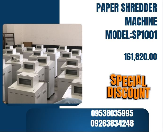 PAPER SHREDDER MACHINE MODEL: SP1001 (Category: Office & Business Technology) located in Caloocan City. Submitted by 09051674995 (Listing ID 1343713867, Image 1). Description: Shredding Method: High-Speed Cross Cut Shredding Shredding Materials: Paper, CD, Document Shredding Particle Size: 4mm * 40mm DIN66399 Level: P 4 Shredding Capacity (70g/m²): 30-35 sheets (A4) Shredding Capacity (80g/m²): 25-30 sheets (A4) Shredding Capacity: 60 – 80 KG per