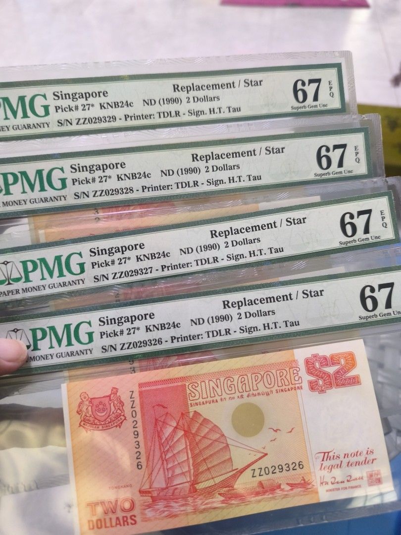 Replacement Note. Ship $2 (Category: Currency) located in Singapore. Submitted by sc1965 (Listing ID 1343726537, Image 1). Description: PMG 67 Sup Gem UNC. price for all 4 pieces..