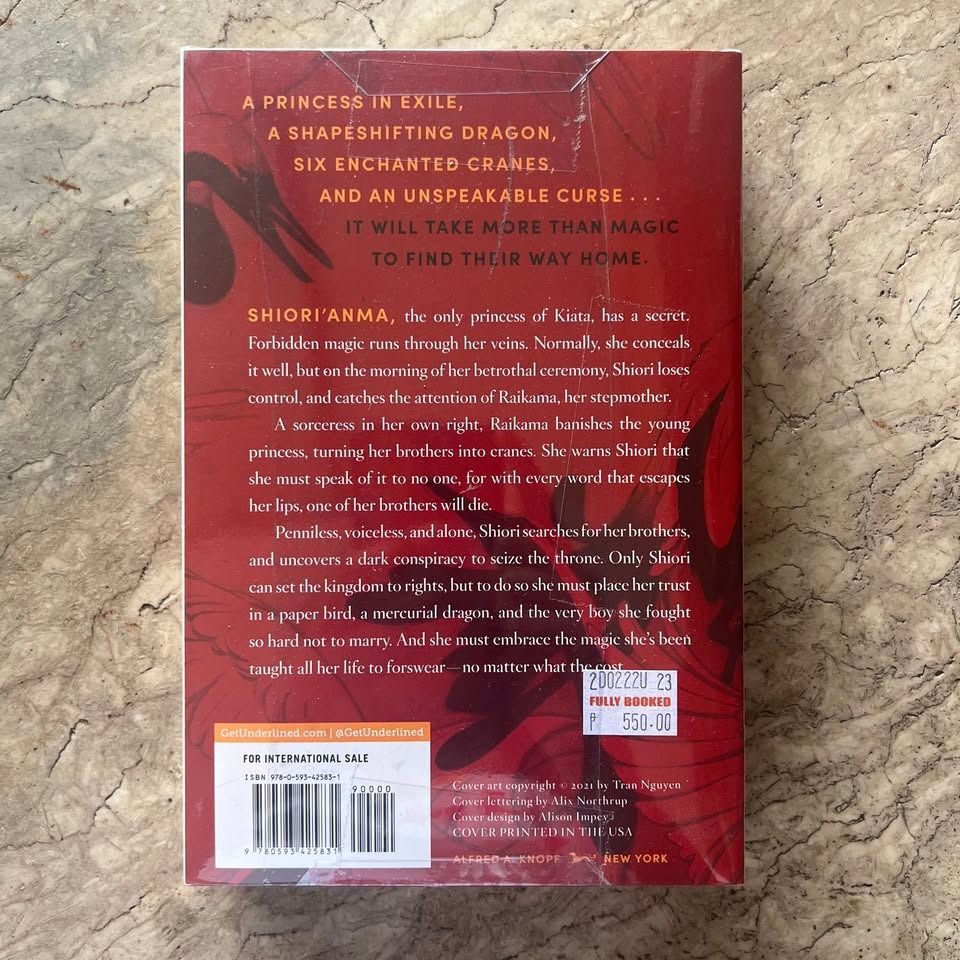 Six Crimson Cranes by Elizabeth Lim (Paperback) (Category: Storybooks) located in Caloocan City. Submitted by cheescuh (Listing ID 1343750057, Image 2). Description: Six Crimson Cranes by Elizabeth Lim (Six Crimson Cranes duology, #1) - bought from Fully Booked for 550 - still sealed RFS: decluttering MOP: GCash, Maya, bank transfer, COD MOD: Grab, Lalamove, J&T direct.