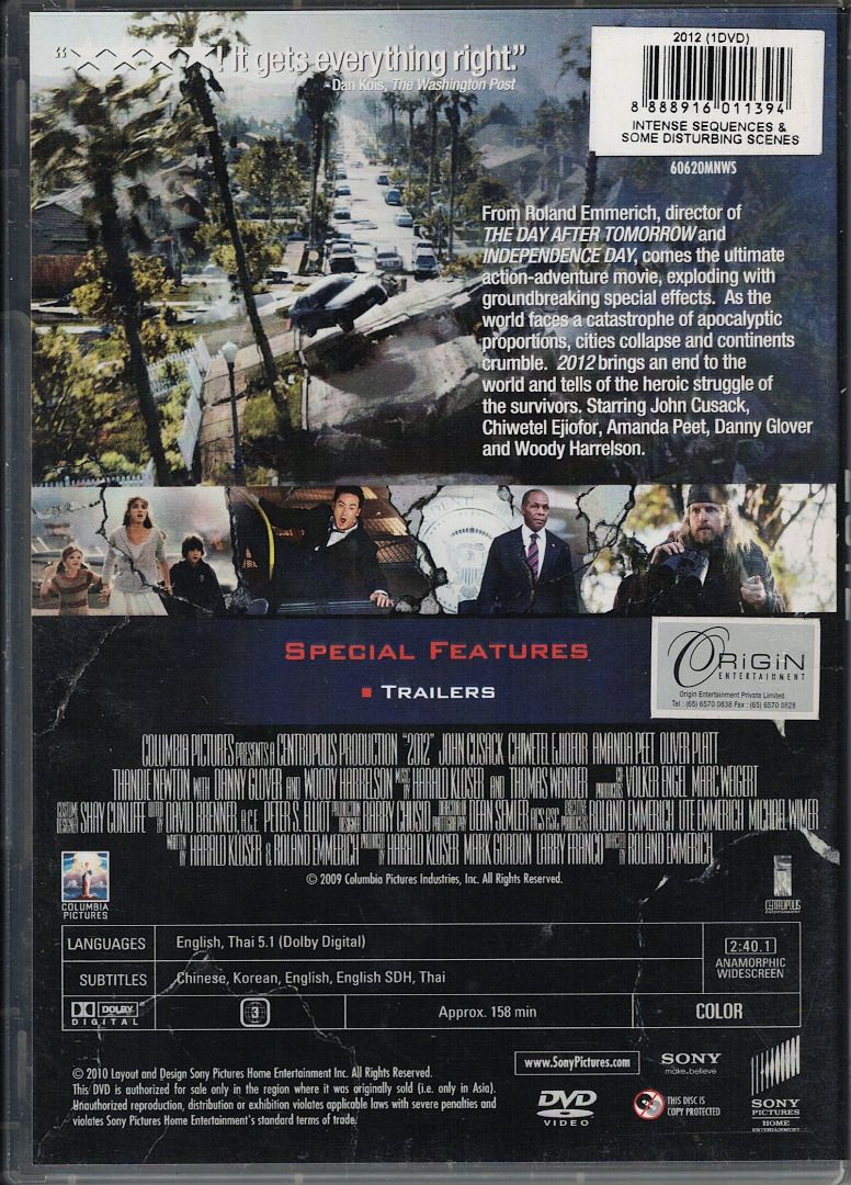 2012 ***original dvd*** (Category: CDs & DVDs) located in Pasig City. Submitted by armcjay (Listing ID 1344002144, Image 3). Description: DVD Code: Region 3 This is a pre-owned, authentic item, from my own DVD collection. The disk may contain minor scratches, marks or dirt, and is playable with commercial DVD players and computers. I don't sell defective item here. No return / no exchange..