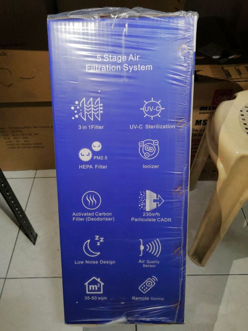 AIR PURIFIER w/ UV-C Lamp Sterliser (Category: Cleaning Tools & Supplies) located in Manila. Submitted by gracious18_ (Listing ID 1343903517, Image 2). Description: 5-FILTER FUNCTION ⭐UV Light Sanitation ⭐Pre-Filter ⭐HEPA Filter ⭐Activated Carbon Filter ⭐ Ionizer (Negative Ion Generator) ✔️UV light - eliminates living airborne organisms namely, mold and mildew, as well as viruses and bacteria ✔️Prefilter - stops bigger particles and dust ✔️HEPA f