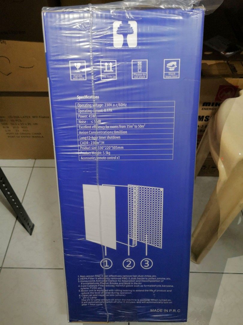 AIR PURIFIER w/ UV-C Lamp Sterliser (Category: Cleaning Tools & Supplies) located in Manila. Submitted by gracious18_ (Listing ID 1343903517, Image 3). Description: 5-FILTER FUNCTION ⭐UV Light Sanitation ⭐Pre-Filter ⭐HEPA Filter ⭐Activated Carbon Filter ⭐ Ionizer (Negative Ion Generator) ✔️UV light - eliminates living airborne organisms namely, mold and mildew, as well as viruses and bacteria ✔️Prefilter - stops bigger particles and dust ✔️HEPA f