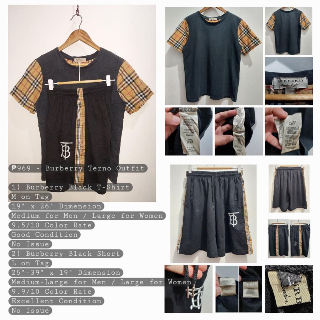 Burberry Terno Outfit (Category: Sets & Coordinates) located in Taguig. Submitted by kalabasza (Listing ID 1343897833, Image 1). Description: 📌 This is a preloved item. Please manage your expectation. 📌 Actual item posted. 🔖 Burberry Black T-Shirt M on Tag 19" x 26" Dimension Medium for Men / Large for Women 9.5/10 Color Rate No Issue ---- 🔖 Burberry Black Short L on Tag 25"-39" x 19" Dimension Medium-Large for Men / Large for Women 9.9/10 Co