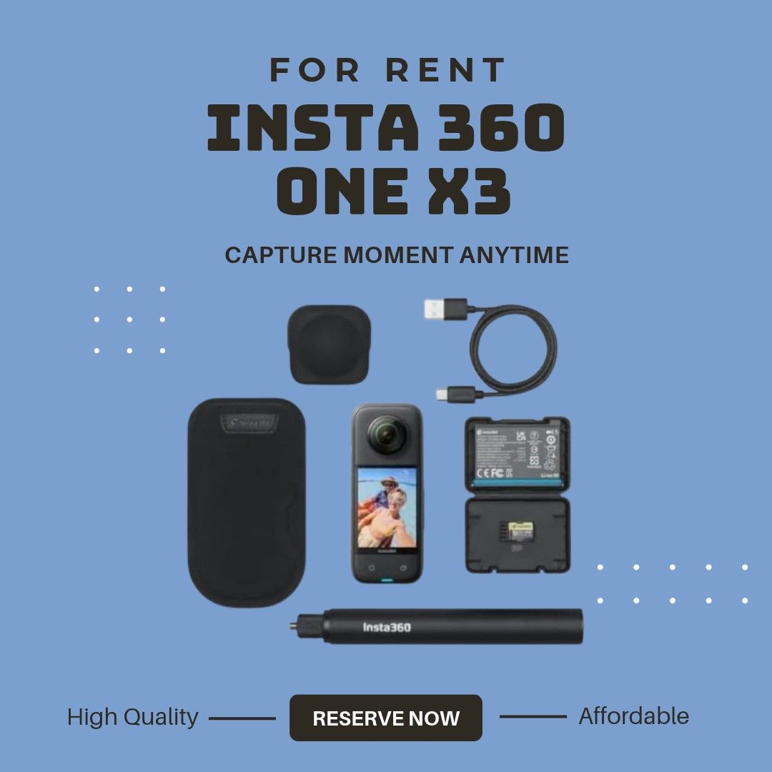 Insta 360 one x3 for rent (Category: Cameras) located in Valenzuela. Submitted by salecollectionph (Listing ID 1344035004, Image 1). Description: For Rent: Insta 360 One X3 700 if 1day only 600/day if 2days and more Inclusions: - Unit - Pole - Battery - 64gb - Cord - Case Requirements: - Security Deposit - 2 Valid IDs - Latest proof of billing Other Items for rent: - Song A6300/A6000 - Gimbal - Drone - Tripod - L300 / SUV.