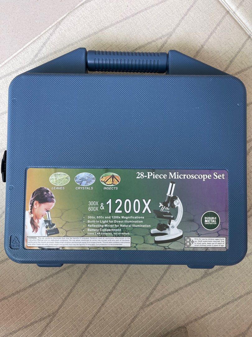 Kids Basic Microscope Kit (Category: Educational & Learning Toys) located in Singapore. Submitted by jazsishon (Listing ID 1343904236, Image 3). Description: Superb quality Metal bodied, fully adjustable biological microscope 100x – 1200x magnification for a variety of specimens Adjustable illuminator to bring out the best specimen details Choose between vertical or angled viewing positions Also includes 7 reusable blank slides with covers and a 