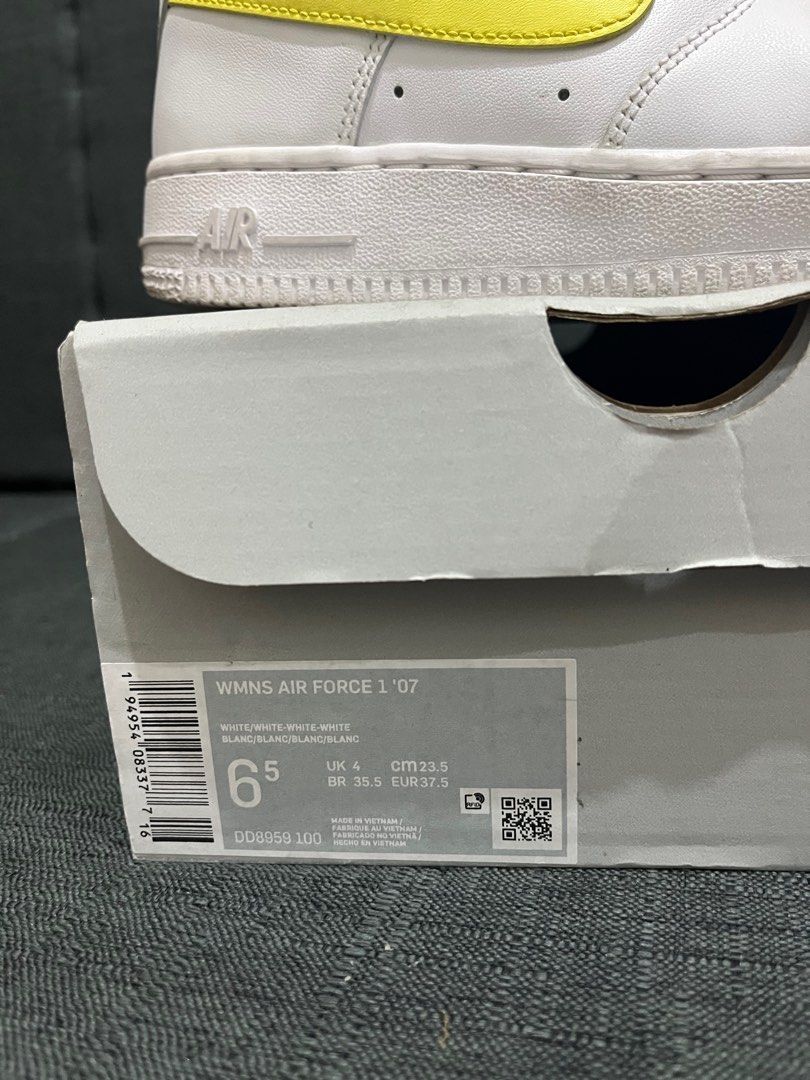 Nike woman air force 1 (Category: Sneakers) located in Manila. Submitted by masief (Listing ID 1343984320, Image 3). Description: Nike womans air force 1 Size: 6.5 Color: white & yellow Used 2x only for bini event (Grand Biniverse and Biniverse 2024) Orig price: 5k+ Selling price: 4k (slightly negotiable).