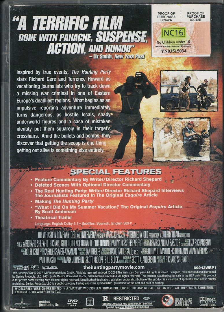 The Hunting Party ***original dvd*** (Category: CDs & DVDs) located in Pasig City. Submitted by armcjay (Listing ID 1344001199, Image 3). Description: DVD Code: Region 1 This is a pre-owned, authentic item, from my own DVD collection. The disk may contain minor scratches, marks or dirt, and is playable with commercial DVD players and computers. I don't sell defective item here. No return / no exchange..