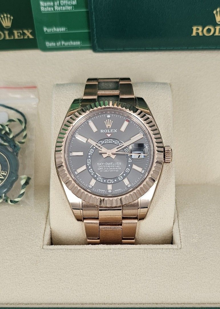 18k full rose gold Rolex Sky-dweller 42mm (Slate Rhodium) Ref: 326935 with full RX-8 protection film (Category: Watches) located in Singapore. Submitted by antiquecastle (Listing ID 1344240848, Image 1). Description: 18k full rose gold Rolex Sky-dweller (Slate Rhodium) Ref: 326935 with full RX-8 protection film since day 1. Automatic Movement: Caliber 9001 Model Reference no: 326935 Year: 2019 Glass: Sapphire Original Bezel: 18k full rose gold Ca