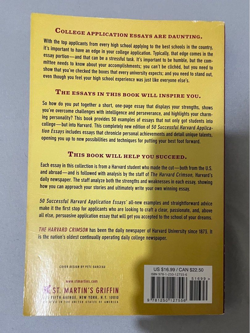 50 Successful Harvard Application Essays (Category: Storybooks) located in Manila. Submitted by sofiathere01732 (Listing ID 1344126753, Image 2). Description: paperback read once price is negotiable if will buy 2 or more (other available books: one of us is lying, a night in with audrey hepburn, rich dad poor dad, shadow of the wind) payment first mop: gcash mod: for delivery (fee will be shouldered by buyer) - jnt or lbc for meetups - around cab