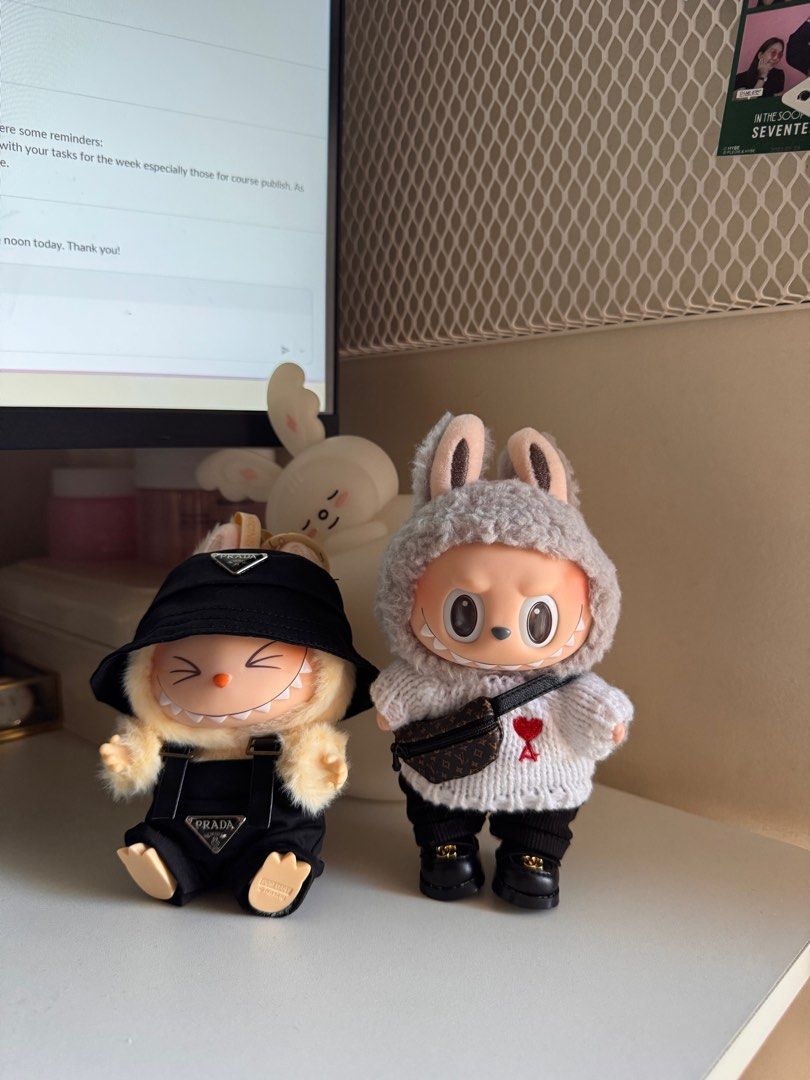 Super sale: Authentic labubu version 1 - Soybean and Toffee (Category: Designer & Blind Box Toys) located in Quezon City. Submitted by jong_17 (Listing ID 1344060223, Image 2). Description: Selling my labubu with clothes..