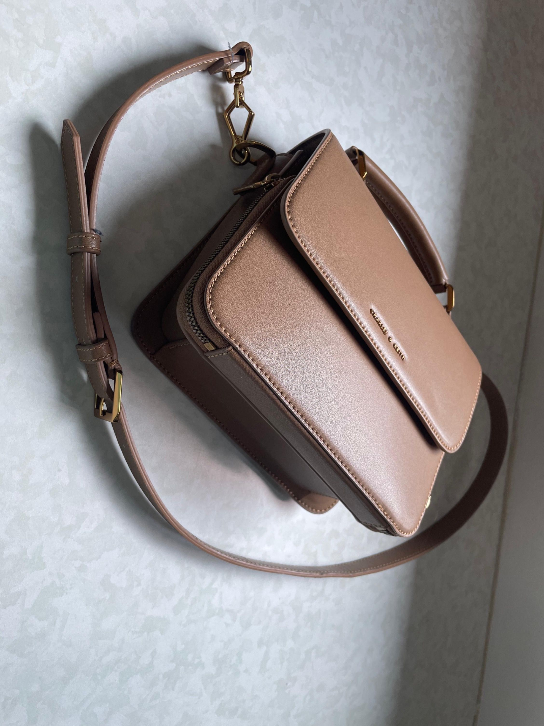 Charles and Keith Octavia front flap top handle bag - dark brown