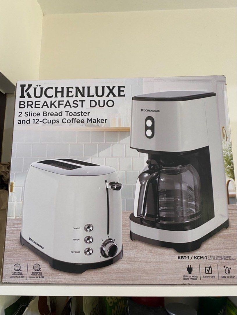 KuchenLuxe Breakfast duo, coffee maker, bread toaster (Category: Coffee Machines & Makers) located in Quezon. Submitted by lykish (Listing ID 1344069588, Image 1). Description: Won from Raffle Original price at ₱5,327 on SNR.