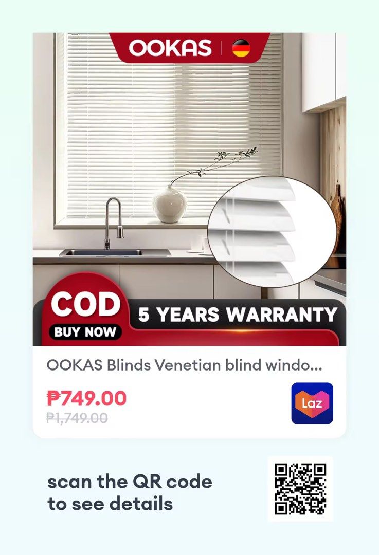 Ookas Vinyl Blinds 150x160 in White (Category: Other Home Decor) located in Makati City. Submitted by evdz3435 (Listing ID 1344243724, Image 1). Description: Hi. Selling this unused window blinds for PhP 300. White, 150x160cm. Located in C5 Pasig. RFS: Wrong size. Delivery fee on account of buyer..