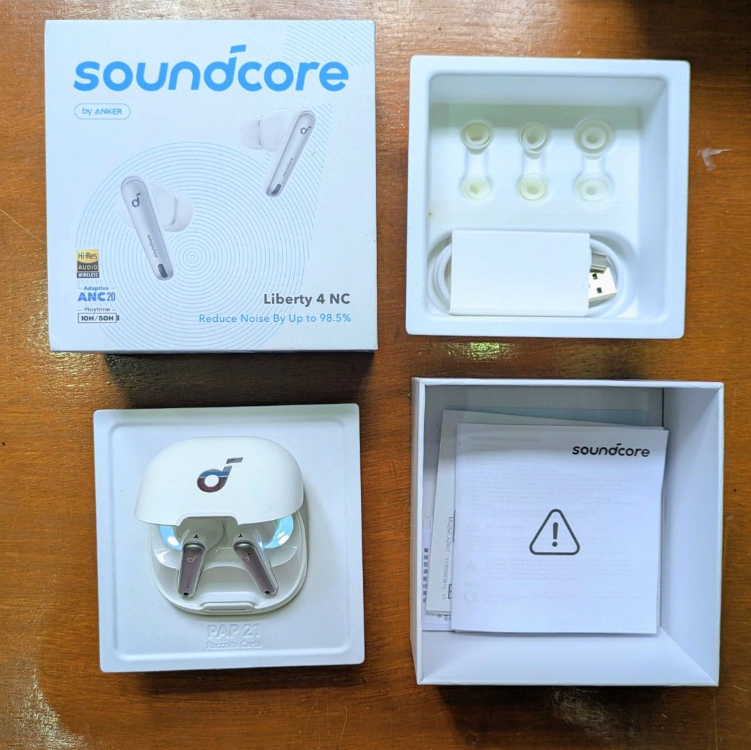 Soundcore Liberty 4 NC (Category: Earphones) located in Cainta. Submitted by chiapavez (Listing ID 1344096961, Image 1). Description: Shipping within metro manila/ nearby Cainta, Rizal. **Fully functional/ it works!; aesthetic issue only** (last check: 04/2026) Inclusions: - main buds (earbuds + charging case) - comes with attached spinfits for airpods gen1/2 - original box, eartips, cable, papers ! noticeable flaw on right earbud- may scratches 