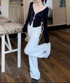 韓國高腰米白色波點闊腿褲 women bottom64218456392834110