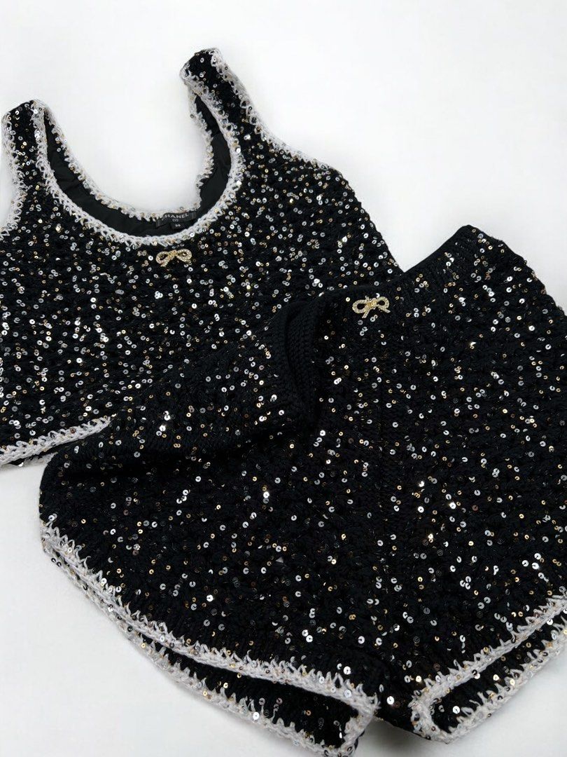 ⚜️Bundle - Chanel Top & Short (Category: Luxury Apparel) located in Makati City. Submitted by 90sangel (Listing ID 1344352460, Image 2). Description: •Items: 2 Chanel - from Runway SS 23 / Sequinced top & short 🖤✨⚜️ sparkly! ✨ •Size: 36 can fit up to Medium frame •Condition: Brand New Condition *As seen on Blackpink Jennie Kim. This includes original box and paperbag. giftable 🖤✨✨.