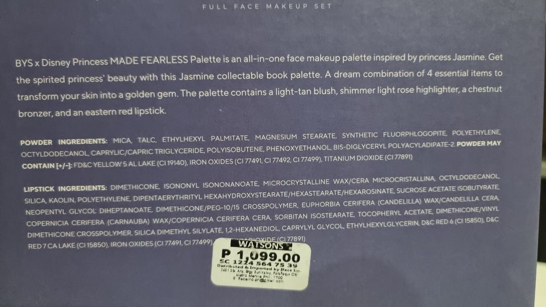 BYS Disney Princess Made Fearless Makeup Set (Category: Makeup) located in Caloocan City. Submitted by vegantita (Listing ID 1344282352, Image 3). Description: Bought this on Dec. 2024 and realized it was not for my skin color. Only tested the bronzer once. I'll also give my preloved foundation brush from GladKing (used only twice, only to test.) Box consists of 1 lipstick, blush, highlighter, and bronzer. Disney character: Jasmin .