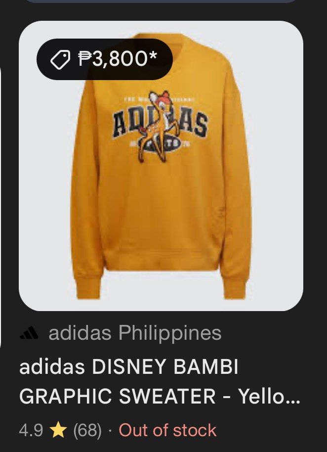 DISNEY X ADIDAS SWEATER (Category: Longsleeves) located in Manila. Submitted by polloloco (Listing ID 1344357623, Image 2). Description: Dimes: 18.5x24-25 Issue: Konting konti na bacon neck.