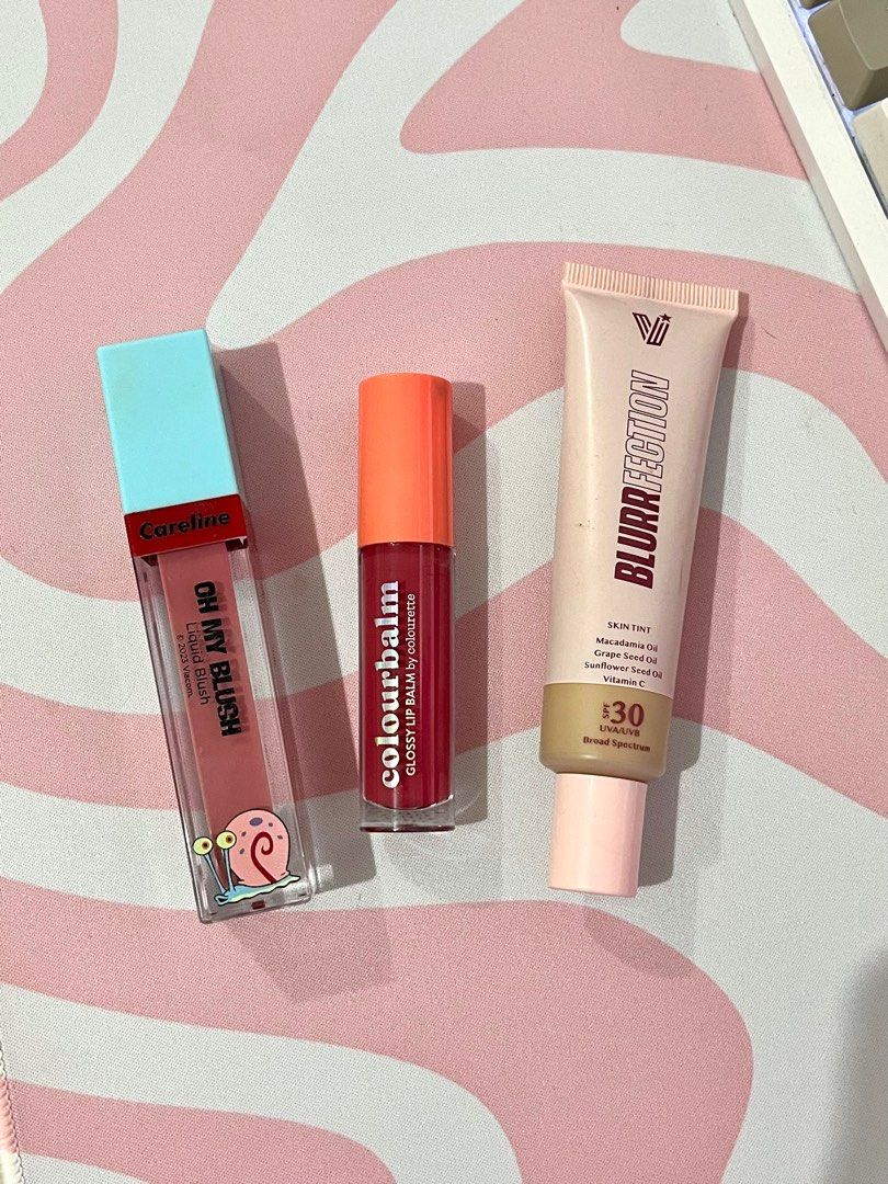 makeup bundle (fair skin) (Category: Makeup) located in Cavite. Submitted by kkaecart (Listing ID 1344394113, Image 1). Description: vice cosmetics blurrffection skin tint (in fair) colourette colourbalm (sangria) careline liquid blush (shell pink) —> REPLACED w/ vice cosmetics dew it all always fresh blush .