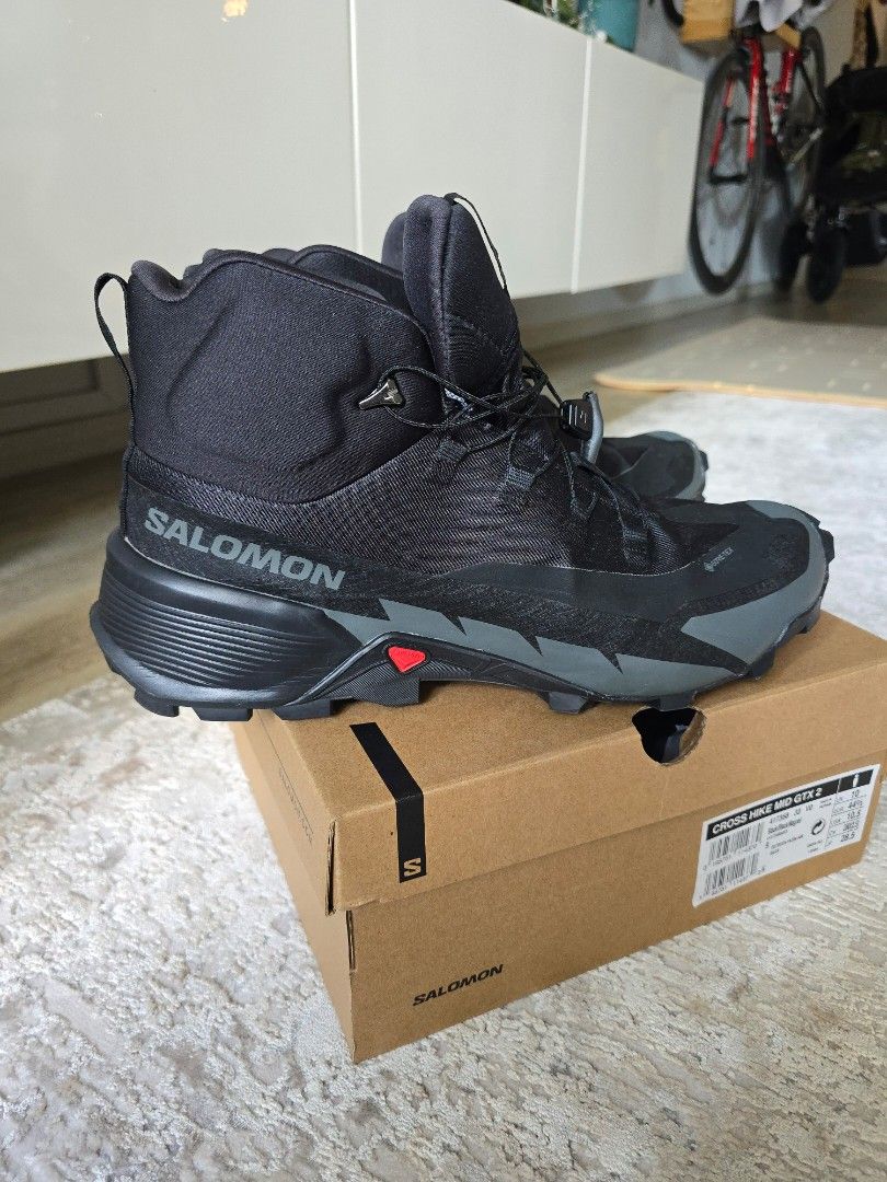 Salomon Cross Hike Mid GTX 2 Hiking Shoes Size USA 10.5 / UK 10 / EUR 44 2/3 (Category: Hiking & Camping) located in Singapore. Submitted by art005 (Listing ID 1344284483, Image 1). Description: Used once to walk around town, doesn't fit me very well and selling cheap. You can't get this kind of condition at this price! :) Still smells new for sure! 😅 I usually wear size US 9.5 or S US 10, but bought slightly bigger for toe allowance if going do