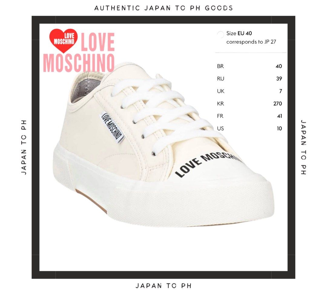 Authentic LOVE MOSCHINO SNEAKERS (Category: Sneakers & Footwear) located in Cavite. Submitted by japantoph (Listing ID 1339582994, Image 2). Description: Low-top sneakers / Leather / Brand logo / Solid color / Leather interior / Lace-up / Round toe / Flat (no heel) / Rubber sole / Non-textile animal-friendly material 100% AUTHENTIC Pre-Order Product code: 17904255GI.