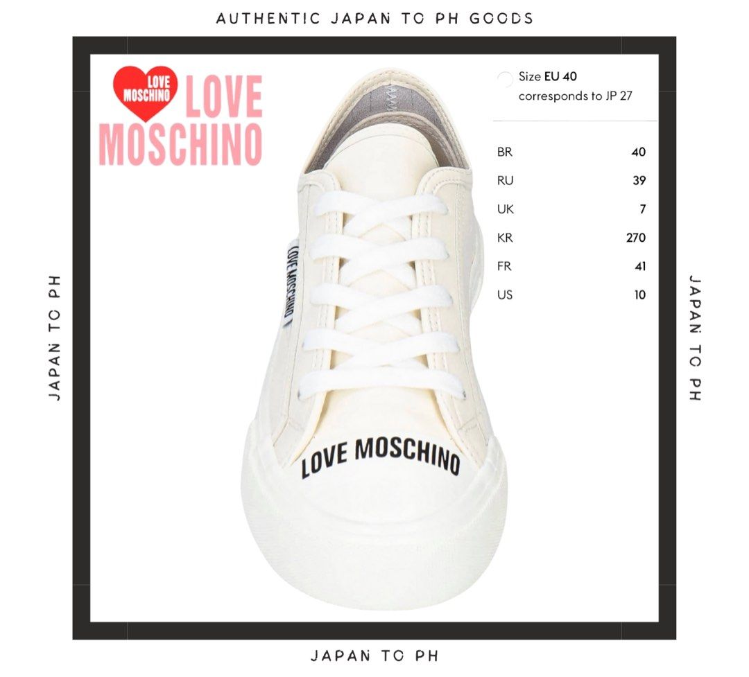 Authentic LOVE MOSCHINO SNEAKERS (Category: Sneakers & Footwear) located in Cavite. Submitted by japantoph (Listing ID 1339582994, Image 1). Description: Low-top sneakers / Leather / Brand logo / Solid color / Leather interior / Lace-up / Round toe / Flat (no heel) / Rubber sole / Non-textile animal-friendly material 100% AUTHENTIC Pre-Order Product code: 17904255GI.