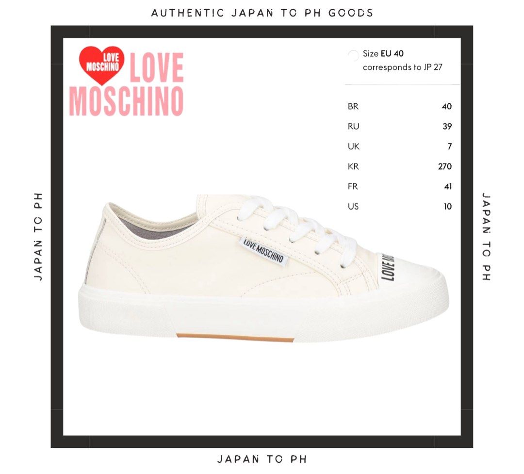Authentic LOVE MOSCHINO SNEAKERS (Category: Sneakers & Footwear) located in Cavite. Submitted by japantoph (Listing ID 1339582994, Image 3). Description: Low-top sneakers / Leather / Brand logo / Solid color / Leather interior / Lace-up / Round toe / Flat (no heel) / Rubber sole / Non-textile animal-friendly material 100% AUTHENTIC Pre-Order Product code: 17904255GI.