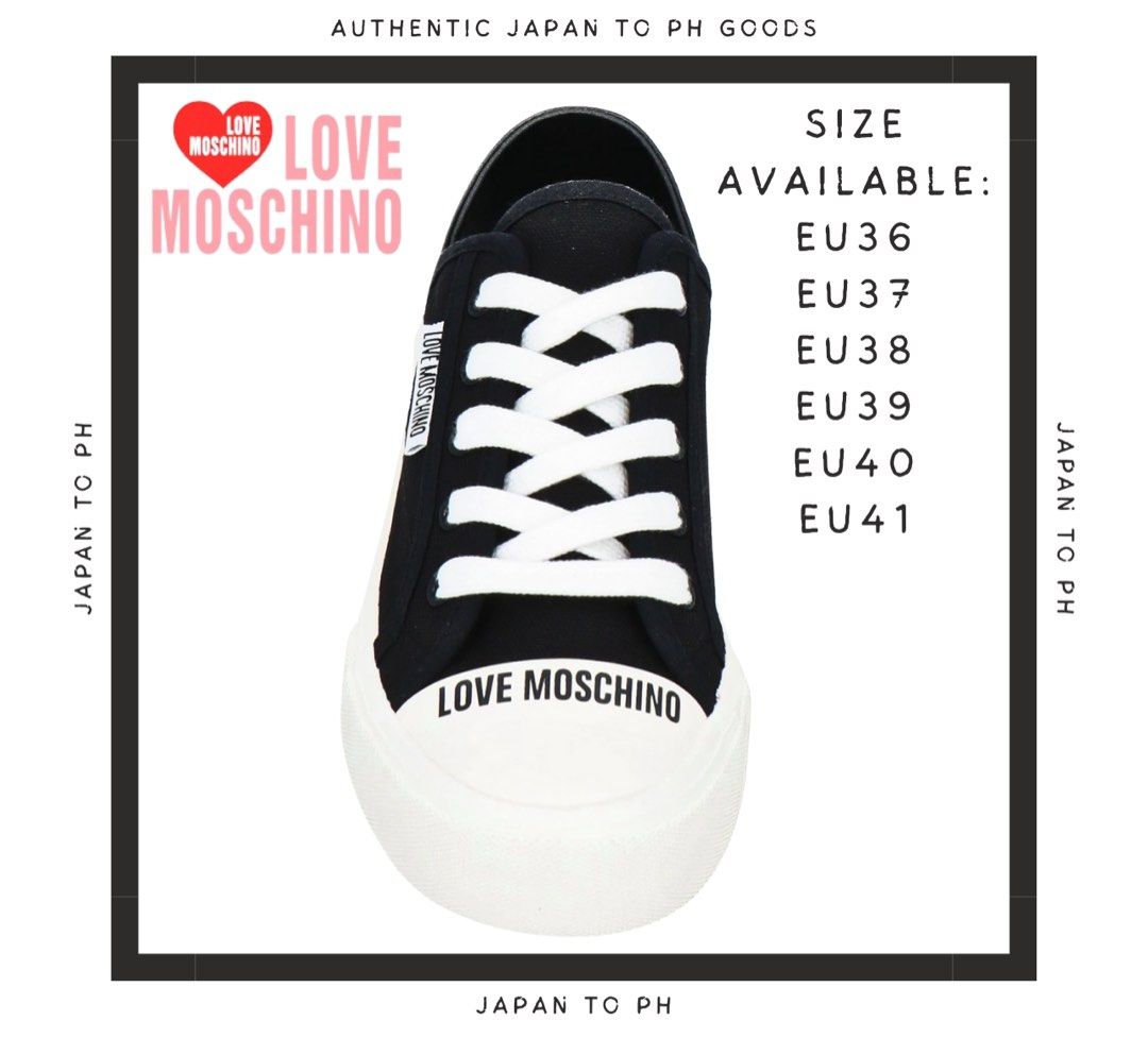 Authentic LOVE MOSCHINO Sneakers (Category: Sneakers & Footwear) located in Cavite. Submitted by japantoph (Listing ID 1339595878, Image 2). Description: Low-top sneakers, Leather, Canvas, Brand logo, Solid color, Textile lining, Lace-up, Round toe, Flat (no heel), Rubber sole, Non-textile animal materials 100% AUTHENTIC BRAND-NEW PRE-ORDER Product code: 17904309GB.