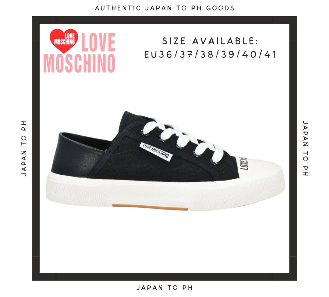 Authentic LOVE MOSCHINO Sneakers (Category: Sneakers & Footwear) located in Cavite. Submitted by japantoph (Listing ID 1339595878, Image 3). Description: Low-top sneakers, Leather, Canvas, Brand logo, Solid color, Textile lining, Lace-up, Round toe, Flat (no heel), Rubber sole, Non-textile animal materials 100% AUTHENTIC BRAND-NEW PRE-ORDER Product code: 17904309GB.