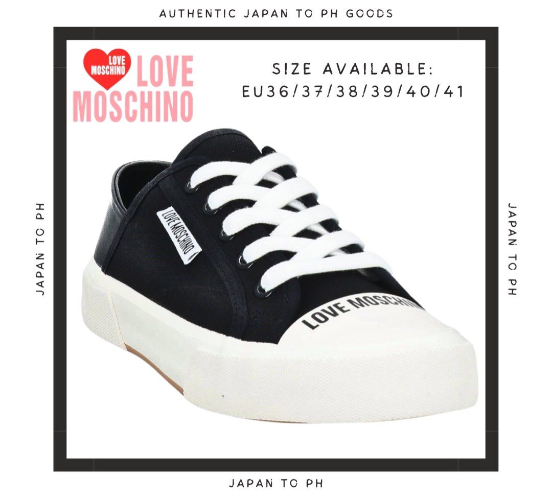 Authentic LOVE MOSCHINO Sneakers (Category: Sneakers & Footwear) located in Cavite. Submitted by japantoph (Listing ID 1339595878, Image 1). Description: Low-top sneakers, Leather, Canvas, Brand logo, Solid color, Textile lining, Lace-up, Round toe, Flat (no heel), Rubber sole, Non-textile animal materials 100% AUTHENTIC BRAND-NEW PRE-ORDER Product code: 17904309GB.