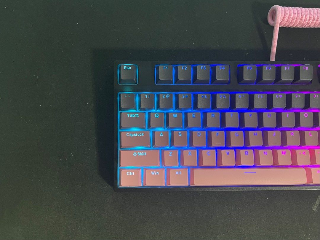 Black Pink RGB Custom Gaming Mechanical Keyboard | 87 keys | Red Switch | BNIB (Category: Computer Keyboard) located in Singapore. Submitted by keeperkb (Listing ID 1339602907, Image 3). Description: Brand new no defect Keyboard only : 52 Keyboard + Aviator Cable : 62 Default Switch - Red Switch (Linear and Quiet) Can pm to change switch: - Brown ( Tactile & Medium Sound) - Red ( Linear & Quiet) - Blue ( Clicky & Noisy ) Change to other special s