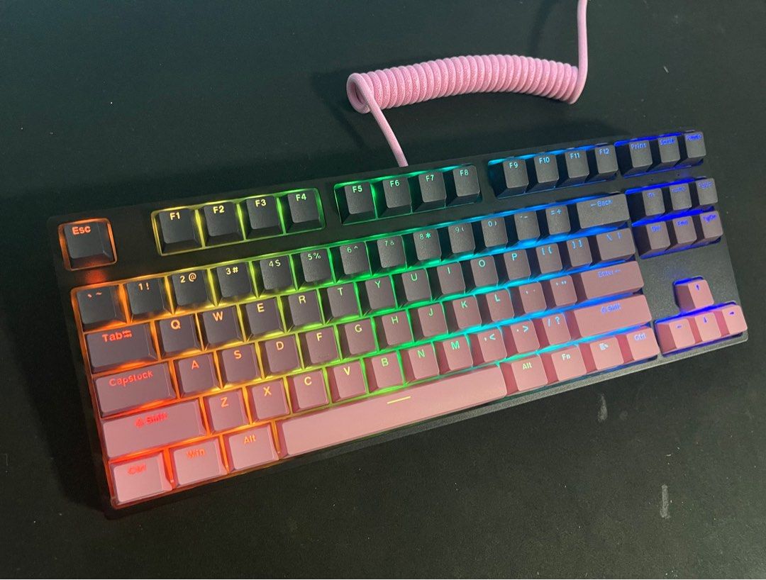 Black Pink RGB Custom Gaming Mechanical Keyboard | 87 keys | Red Switch | BNIB (Category: Computer Keyboard) located in Singapore. Submitted by keeperkb (Listing ID 1339602907, Image 1). Description: Brand new no defect Keyboard only : 52 Keyboard + Aviator Cable : 62 Default Switch - Red Switch (Linear and Quiet) Can pm to change switch: - Brown ( Tactile & Medium Sound) - Red ( Linear & Quiet) - Blue ( Clicky & Noisy ) Change to other special s
