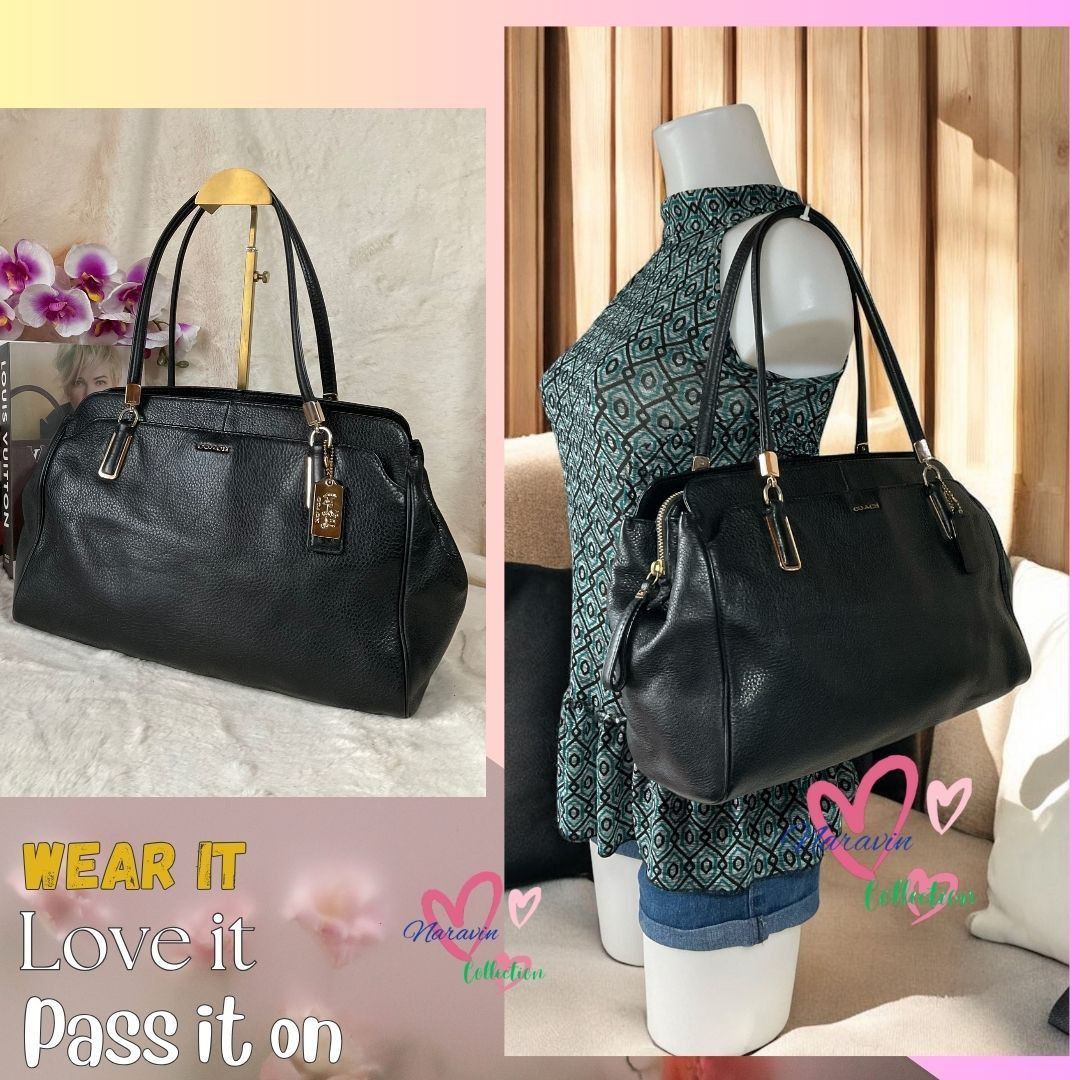 Coach Madison Kimberly Shoulder Bag, 4 Compartments (Category: Luxury Bags & Wallets) located in La Trinidad. Submitted by naravincollections (Listing ID 1339595405, Image 1). Description: PRELOVED Beautiful pebble leather satchel 4 Compartments Leather Black Gold Tone hardware, minimal hardware fading Compartments w/ Magnetic Snap and zipper closure Closure Exterior Front Pocket w Still with Hang Tags Beautiful Midnight Satin Blue Fabric No stai