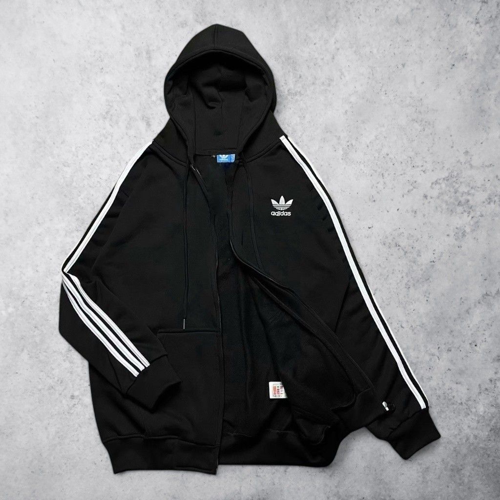 Hoodie Zipper Adidas Trefoil Stripes Hitam, Fesyen Pria, Pakaian